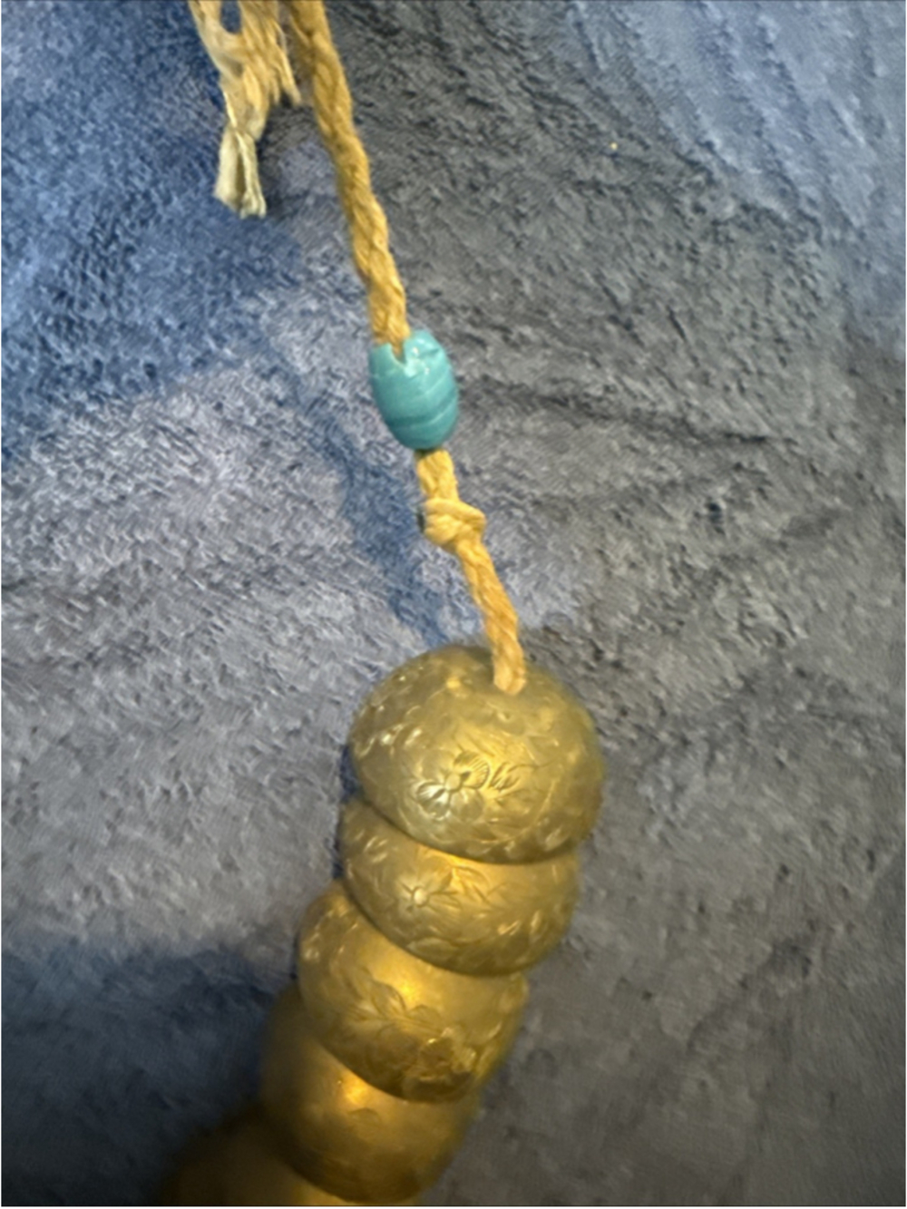 Vintage Bells Brass Bells 18" Long On A Rope W/ Glass Bead Old! - Picture 3 of 5